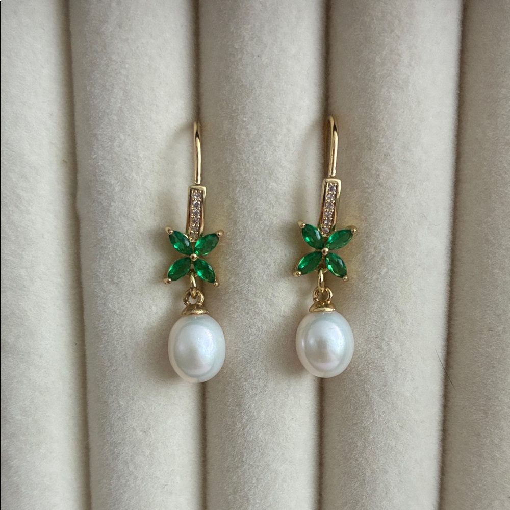 Gold Pearl Drop Earrings with Emerald Green Accents